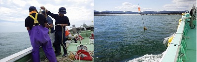 図2 流向流速計の投入と設置の様子 図2 流向流速計の投入と設置の様子